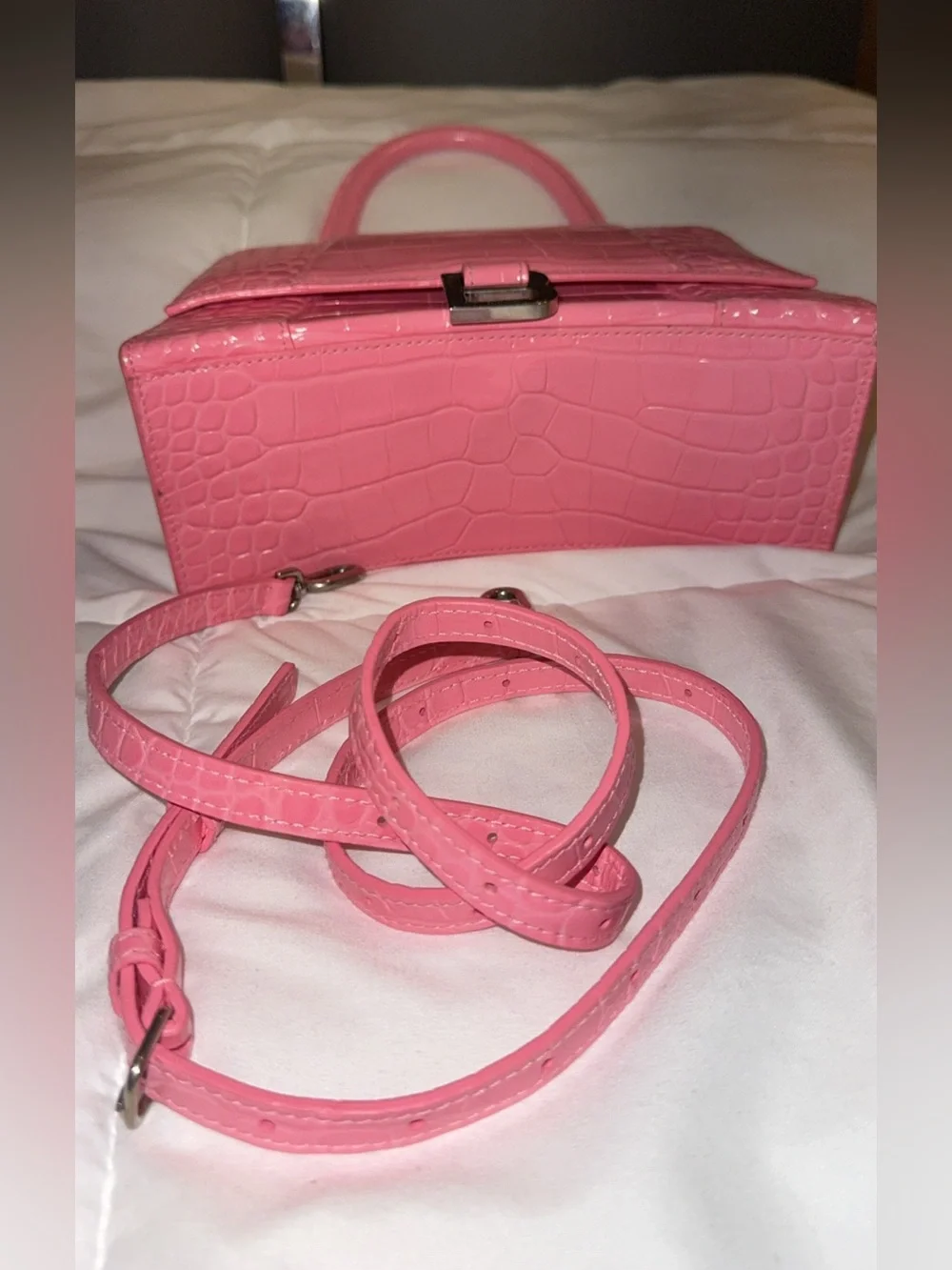 Balenciaga Pink Croc-Embossed Top Handle Satchel